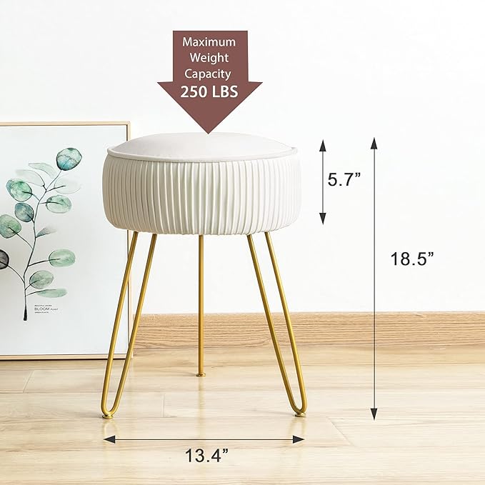 LUE BONA Pleated Vanity Stool, Velvet Upholstered Vanity Stool for Makeup Room, Round Stool for Vanity, Ottoman Footrest Stool with Metal Legs for Living Room, Bedroom, White