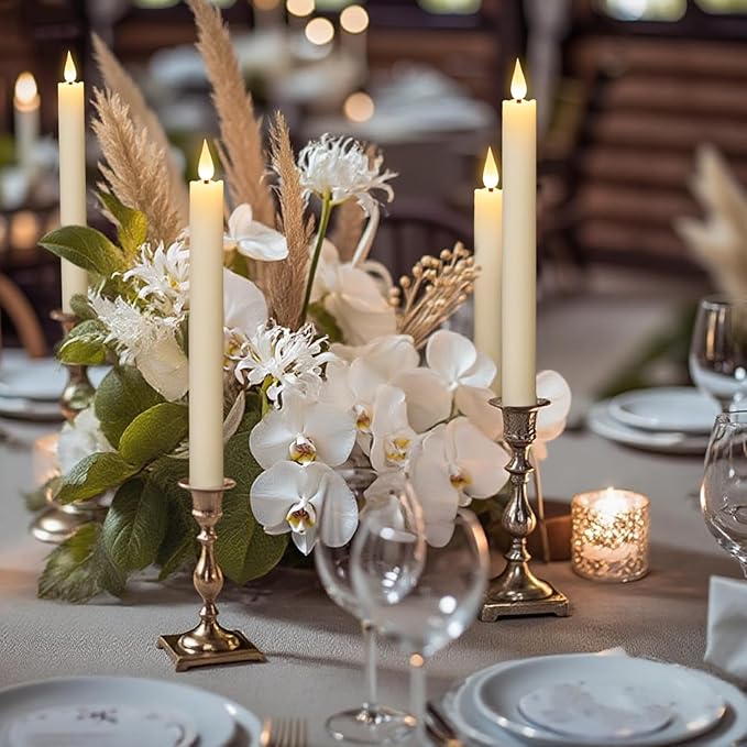 GenSwin Rechargeable Flameless Taper Candles with Charging Base, 6 Pack LED Candles Battery Operated with Remote Timer, Real Wax Flameless Candlesticks for Halloween Christmas Decorations(Ivory)