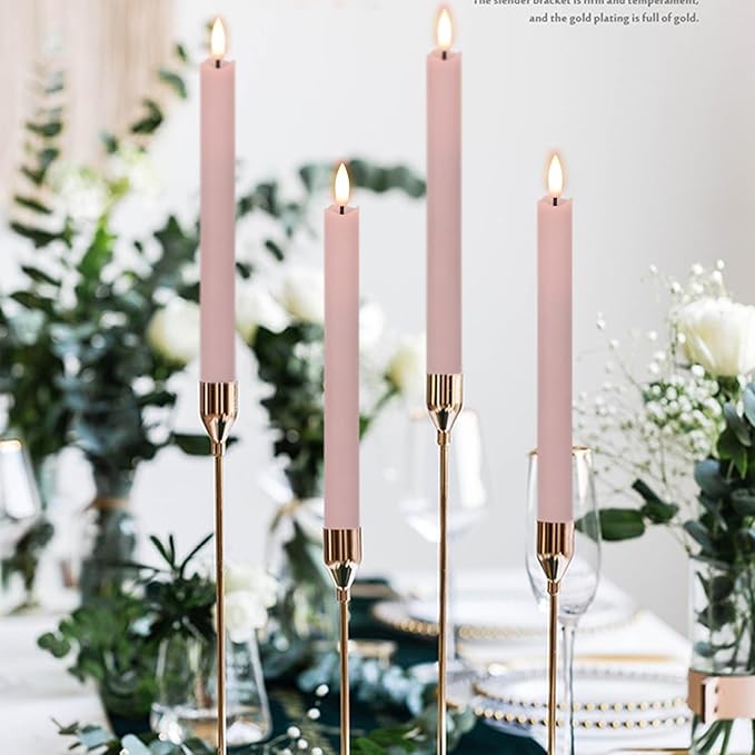 GenSwin Flameless Pink Taper Candles Flickering with 10-Key Remote, Battery Operated Led Warm 3D Wick Light Window Candles Real Wax Pack of 6, Christmas Home Wedding Decor(0.78 X 9.64 Inch)