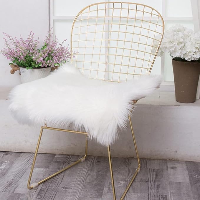 OKAYDA 18" x 18" Square Faux Sheepskin Chair Cover Seat Cushion Pad Super Fluffy Soft Fur Rug for Vanity Chair, Car Seat, Sofa, Living Room, Office (White)