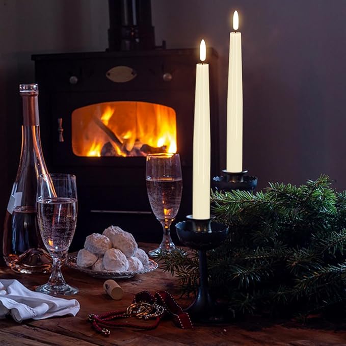 GenSwin LED Taper Candles, Flameless Taper Candles Battery Operated with Remote Timer, Set of 2 Real Wax White Flameless Candlesticks with 3D Flickering Flame for Home Wedding Decor (0.78” x 9.84”)