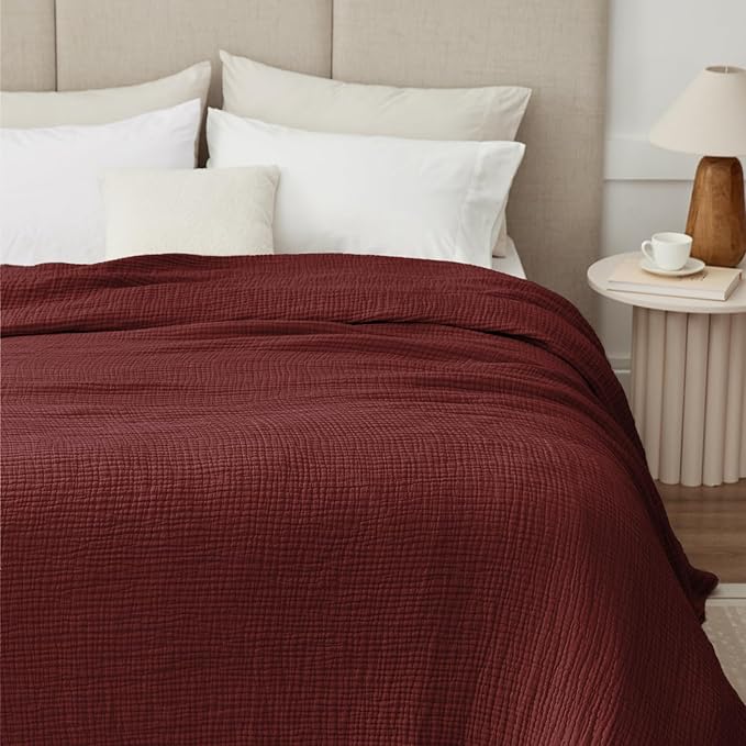 100% Cotton Muslin Blanket Large 50"x 70", 6 Layers Breathable and Lightweight Cotton Throw Blankets for Couch, Soft Cooling Summer Gauze Blanket for Adults All Season, Burgundy