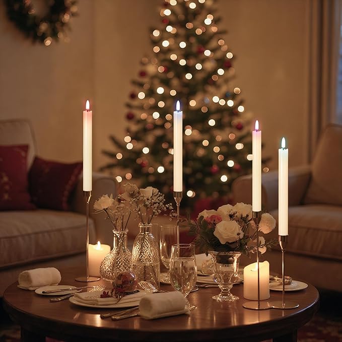 GenSwin Flameless Taper Candles with Remote, Real Wax and Color Changing Wick LED Taper Candles Battery Operated, 6 Pcs Flameless Candlesticks for Halloween Christmas Decor(Ivory, 0.78”x9.6”)