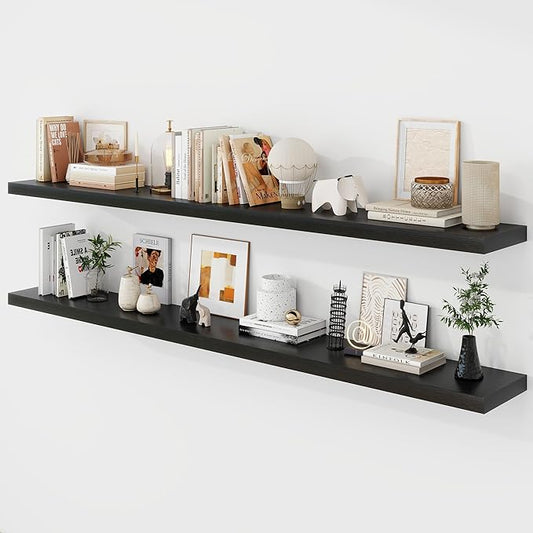72 Inch Floating Shelves, 9.3" Deep Floating Shelf Wall Mounted, 72" Wall Shelves, Rustic Deep Bookshelf, Large Display Shelves & Storage Shelves for Bedroom, Living Room, Black, Set of 2