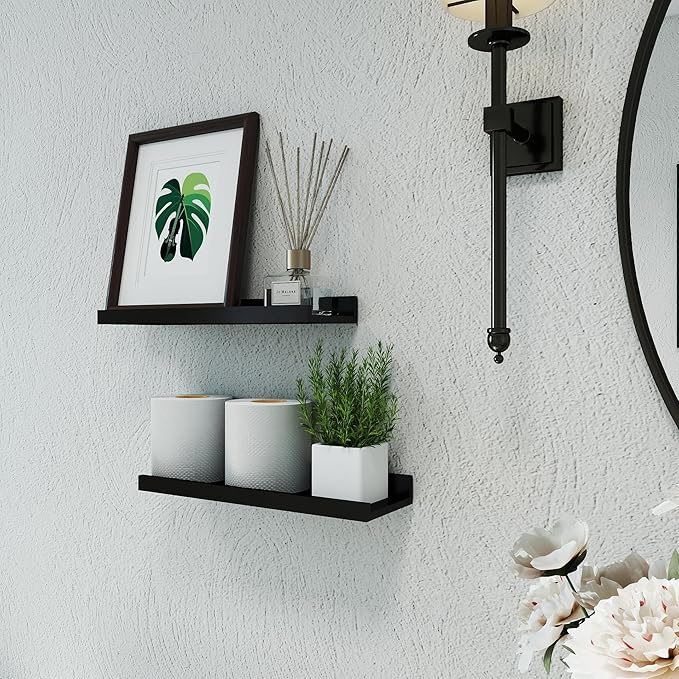 Black Floating Shelves for Wall Decor, Wall Mounted Wood Storage Shelf for Bedroom, Living Room, Bathroom, Kitchen, Nursery, Display Picture Ledge Shelf with Lip Set of 2-14 Inches, Black