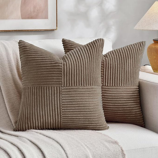 Fancy Homi Set of 2, Light Brown Patchwork Corduroy Decorative Soft Striped Modern Accent Cushion Case Farmhouse Boho Neutral Throw Pillow Covers for Chair Couch Bed Sofa Living Room 20x20 Inch
