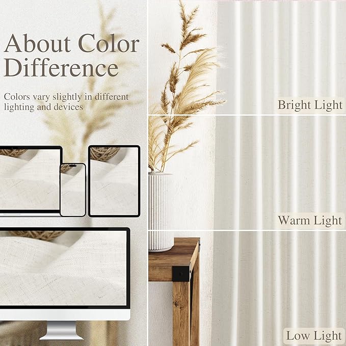 Linen Cream Curtains 113 Inch Extra Long for Living Room Back Tab Light Filtering Semi Sheer Drapes Modern Farmhouse Coastal Decor Cotton Textured Curtain for Floor to Ceiling Window 52x113