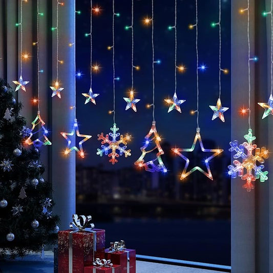 Christmas Window Lights Decorations, 138 LED Curtain Lights with 8 Lighting Modes, Xmas Tree Snowflake Star String Lights for Weddings, Parties, Room Decor(Multi-Colored)