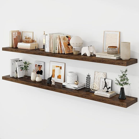 72 Inch Floating Shelves, 9.3" Deep Floating Shelf Wall Mounted, 72" Wall Shelves, Rustic Deep Bookshelf, Large Display Shelves & Storage Shelves for Bedroom, Living Room, Brown, Set of 2