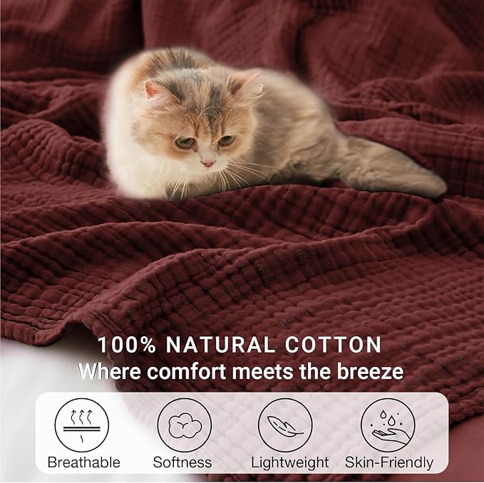 100% Cotton Muslin Blanket Large 50"x 70", 6 Layers Breathable and Lightweight Cotton Throw Blankets for Couch, Soft Cooling Summer Gauze Blanket for Adults All Season, Burgundy