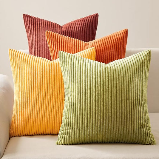 Topfinel Throw Pillow Cover 4pc Set - Multi Yellow Burnt Orange Combo - 22" x 22" Solid Cozy Corduroy Square Accent Decorative Cushion Case for Couch Sofa Chair Bed