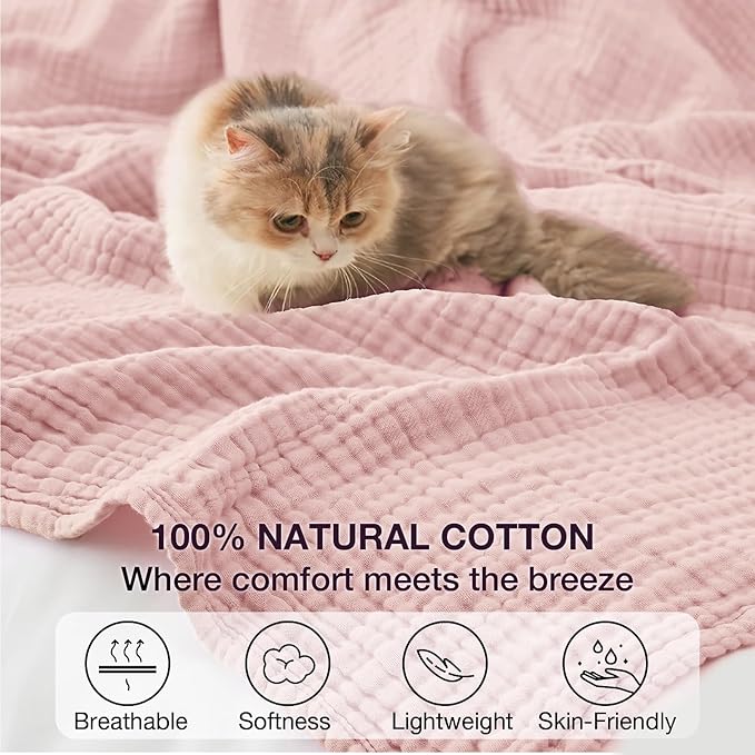 100% Cotton Muslin Blanket 50"x 60", 6 Layers Breathable and Lightweight Cotton Throw Blankets for Couch, Soft Cooling Summer Gauze Blanket for Adults All Season, Dusty Rose‌
