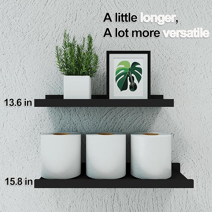 Black Floating Shelves for Wall Decor, Wall Mounted Wood Storage Shelf for Bedroom, Living Room, Bathroom, Kitchen, Nursery, Display Picture Ledge Shelf with Lip Set of 2-14 Inches, Black
