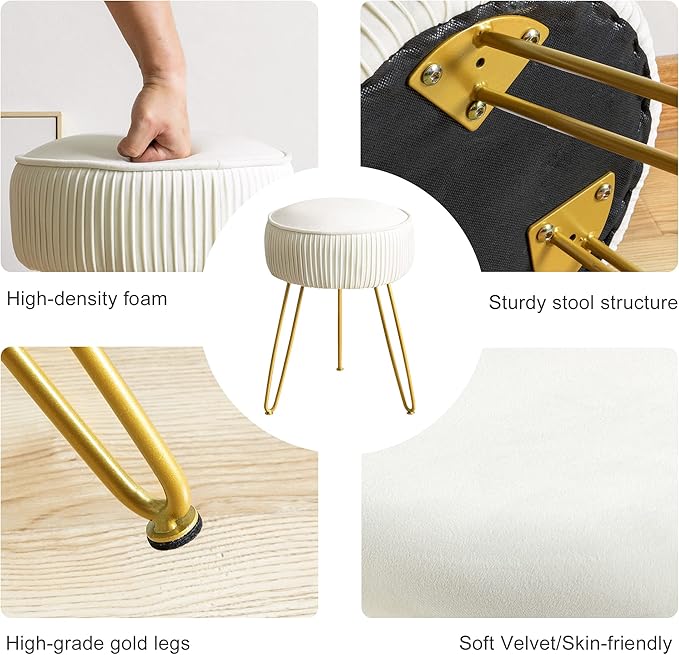 LUE BONA Pleated Vanity Stool, Velvet Upholstered Vanity Stool for Makeup Room, Round Stool for Vanity, Ottoman Footrest Stool with Metal Legs for Living Room, Bedroom, White