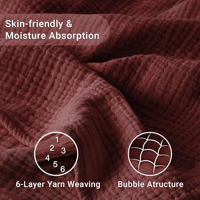 100% Cotton Muslin Blanket Large 50"x 70", 6 Layers Breathable and Lightweight Cotton Throw Blankets for Couch, Soft Cooling Summer Gauze Blanket for Adults All Season, Burgundy