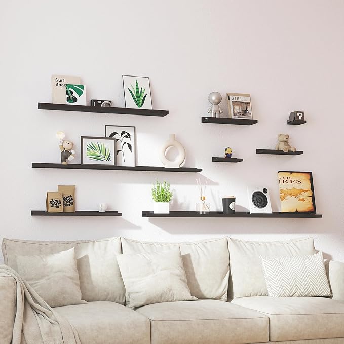 Black Floating Shelves for Wall Decor, Wall Mounted Wood Storage Shelf for Bedroom, Living Room, Bathroom, Kitchen, Nursery, Display Picture Ledge Shelf with Lip Set of 2-14 Inches, Black