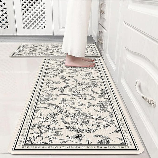 Beige Minimalist Black Line Art Herb Leaves Kitchen Rug Sets [2 PCs], Anti-Fatigue, Waterproof Non-Slip Kitchen Mats Heavy Duty Comfort Foam Rug for Kitchen, Floor, Laundry,17"x29"+17"x47"