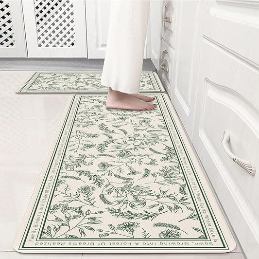 Beige Minimalist Green Line Art Herb Leaves Kitchen Rug Sets [2 PCs], Anti-Fatigue, Waterproof Non-Slip Kitchen Mats Heavy Duty Comfort Foam Rug for Kitchen, Floor, Laundry,17"x29"+17"x47"