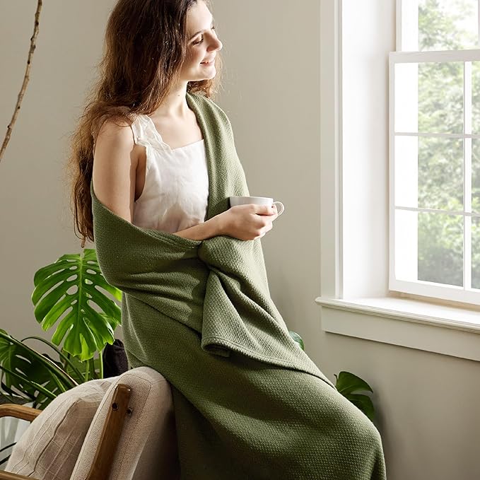 Bedsure GentleSoft 100% Cotton Large Throw Blanket for Couch 50x70 inches - Breathable and Lightweight, Soft Cozy Herringbone Woven Cotton Throw for Summer, Olive Green Office Chair Blanket