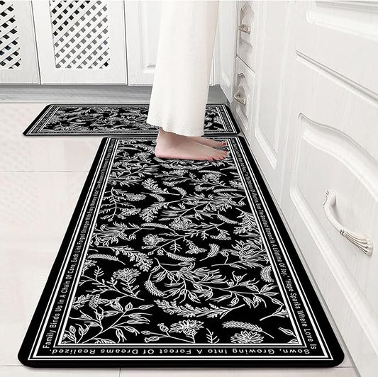 Black Minimalist Line Art Herb Leaves Kitchen Rug Sets [2 PCs], Anti-Fatigue, Waterproof Non-Slip Kitchen Mats Heavy Duty Comfort Foam Rug for Kitchen, Floor, Laundry,17"x29"+17"x47"