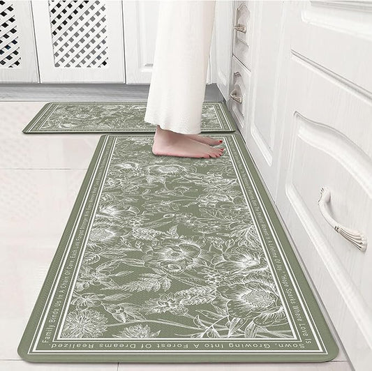 Sage Green Minimalist Line Art Floral Kitchen Rug Sets [2 PCs], Anti-Fatigue, Waterproof Non-Slip Kitchen Mats Heavy Duty Comfort Foam Rug for Kitchen, Floor, Laundry,17"x29"+17"x47"