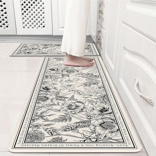 Beige Minimalist Black Line Art Floral Kitchen Rug Sets [2 PCs], Anti-Fatigue, Waterproof Non-Slip Kitchen Mats Heavy Duty Comfort Foam Rug for Kitchen, Floor, Laundry,17"x29"+17"x47"