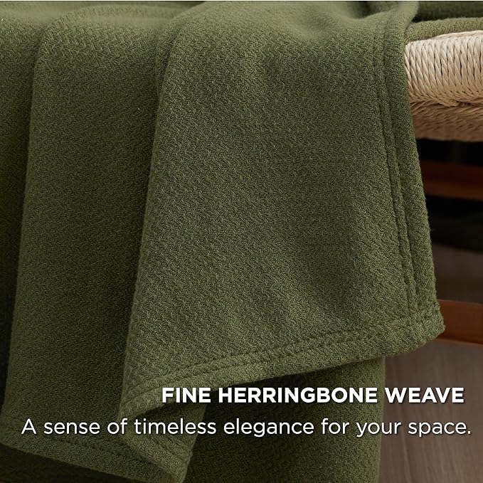 Bedsure GentleSoft 100% Cotton Large Throw Blanket for Couch 50x70 inches - Breathable and Lightweight, Soft Cozy Herringbone Woven Cotton Throw for Summer, Olive Green Office Chair Blanket