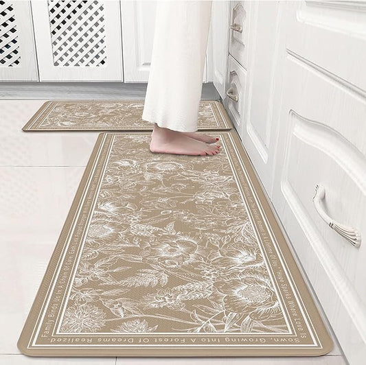 Tan Brown Minimalist Line Art Floral Kitchen Rug Sets [2 PCs], Anti-Fatigue, Waterproof Non-Slip Kitchen Mats Heavy Duty Comfort Foam Rug for Kitchen, Floor, Laundry,17"x29"+17"x47"