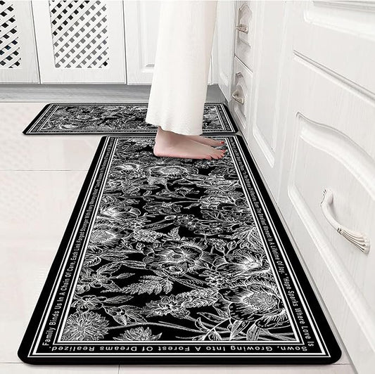 Black Minimalist Line Art Floral Kitchen Rug Sets [2 PCs], Anti-Fatigue, Waterproof Non-Slip Kitchen Mats Heavy Duty Comfort Foam Rug for Kitchen, Floor, Laundry,17"x29"+17"x47"