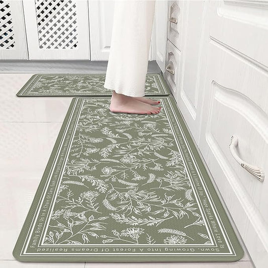 Sage Green Minimalist Line Art Herb Leaves Kitchen Rug Sets [2 PCs], Anti-Fatigue, Waterproof Non-Slip Kitchen Mats Heavy Duty Comfort Foam Rug for Kitchen, Floor, Laundry,17"x29"+17"x47"