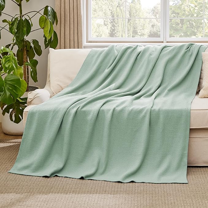 Bedsure GentleSoft 100% Cotton Large Throw Blanket for Couch 50x70 inches - Breathable and Lightweight, Soft Cozy Herringbone Woven Cotton Throw for Summer, Sage Green Office Chair Blanket