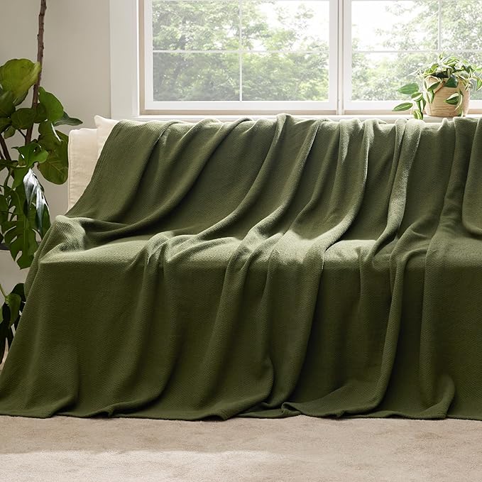 Bedsure GentleSoft 100% Cotton Large Throw Blanket for Couch 50x70 inches - Breathable and Lightweight, Soft Cozy Herringbone Woven Cotton Throw for Summer, Olive Green Office Chair Blanket