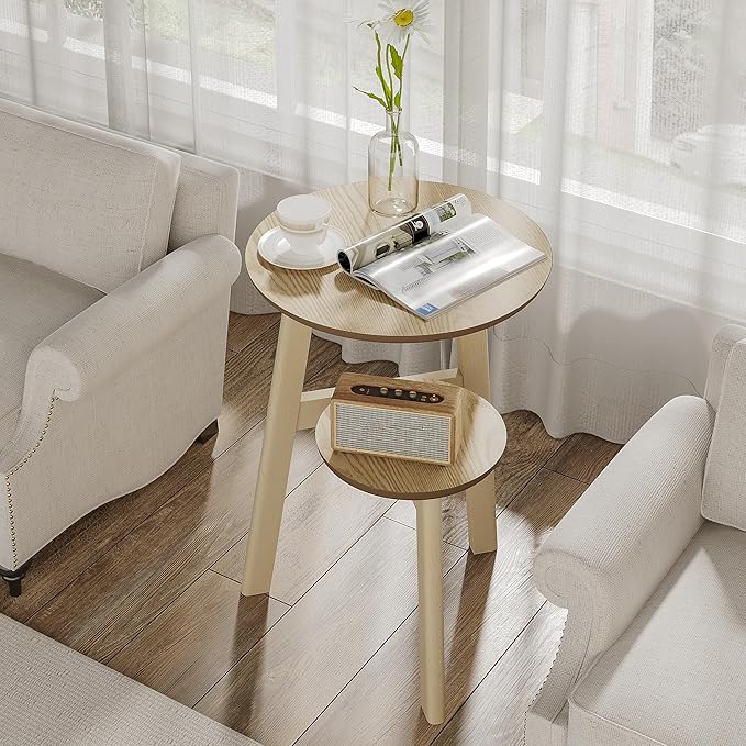 ChooChoo Round End Table for Small Spaces, Narrow Side Table, Accent Table Night Stand with 2 Tier Shelf for Bedroom and Living Room, Natural