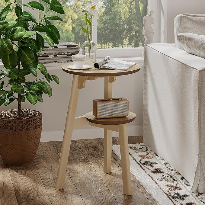ChooChoo Round End Table for Small Spaces, Narrow Side Table, Accent Table Night Stand with 2 Tier Shelf for Bedroom and Living Room, Natural